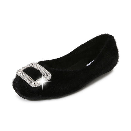 2025 Winter New Furry Shoes for Women, Winter Infrared Wear Fleece-Lined Bean Shoes, Black Cotton Scoop Shoes, Flats Warm Singles