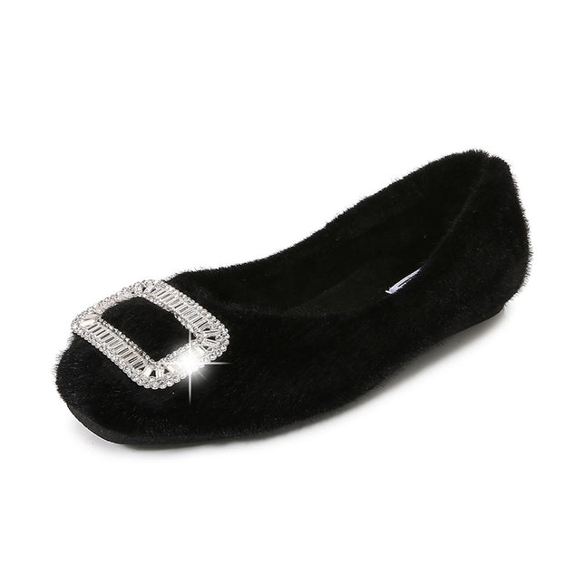 2025 Winter New Furry Shoes for Women, Winter Infrared Wear Fleece-Lined Bean Shoes, Black Cotton Scoop Shoes, Flats Warm Singles
