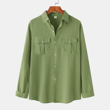 Cross-border foreign trade wholesale 2024 new autumn and winter men's cotton and linen solid color double pocket design men's long sleeve shirt men