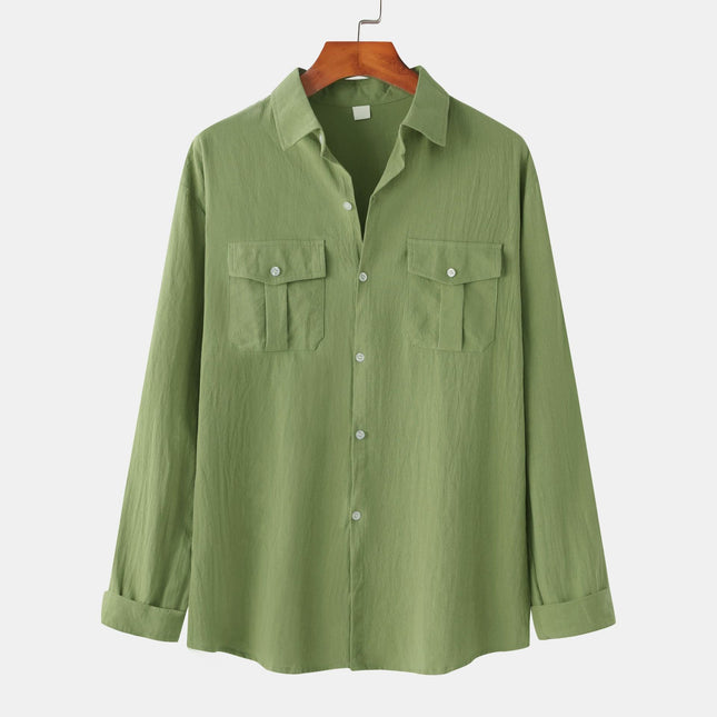 Cross-border foreign trade wholesale 2024 new autumn and winter men's cotton and linen solid color double pocket design men's long sleeve shirt men