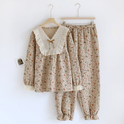 Women's autumn and winter air cotton Quilted round neck vintage floral sweet long sleeve trousers suit