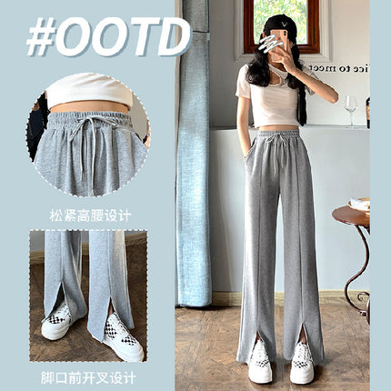 Grey Wide Leg Pants Women's Summer Thin 2024 New High Waist Dipped Loose Casual Mop Split Sports Pants