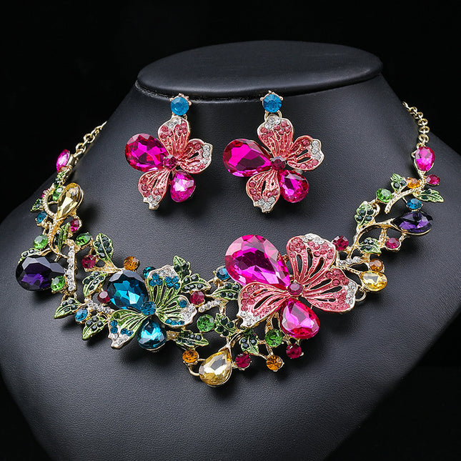 2022 New Color Flower European and American Necklace suit Women's Light Luxury Showy Bride Necklace Painted Oil Gem Clavicle Chain