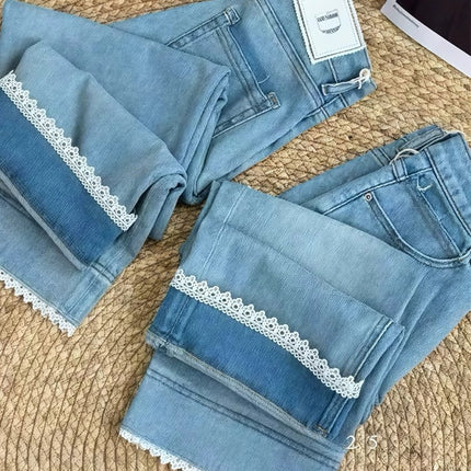 Light Blue Lace Splicing Jeans for Women Summer New Large Size Fat mm Pear-Shaped Figure High Waist Slim Straight Pants