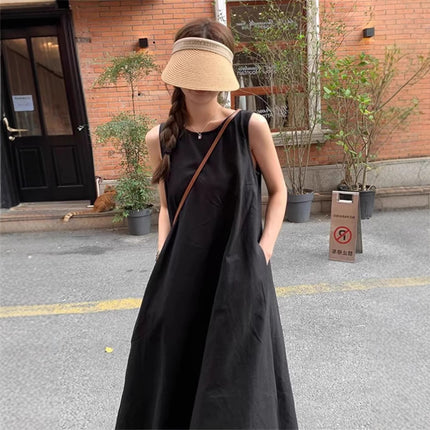 Design Sense Niche Back Hollow Sleeveless dress Women's New Summer Loose Crewneck Mid-length Vest Skirt