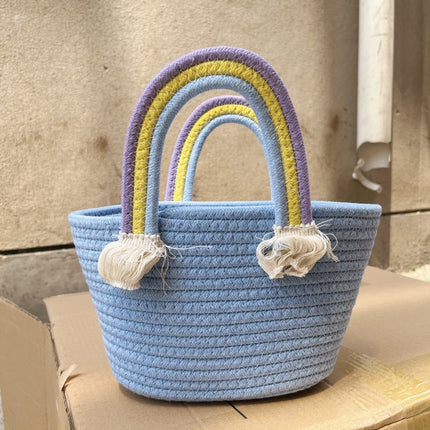 Cute Rainbow Portable Small Bag Women's New Arrival Handmade Cotton Women's Bag Straw Woven Bag Hand Gift Box Bag Beach Bag