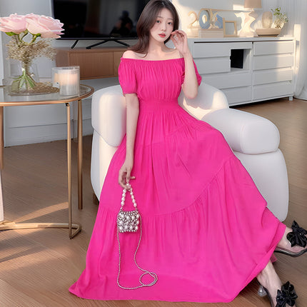 Cross-border cotton silk clear color off-shoulder dress Southeast Asian elastic waist beach skirt Bohemian long skirt