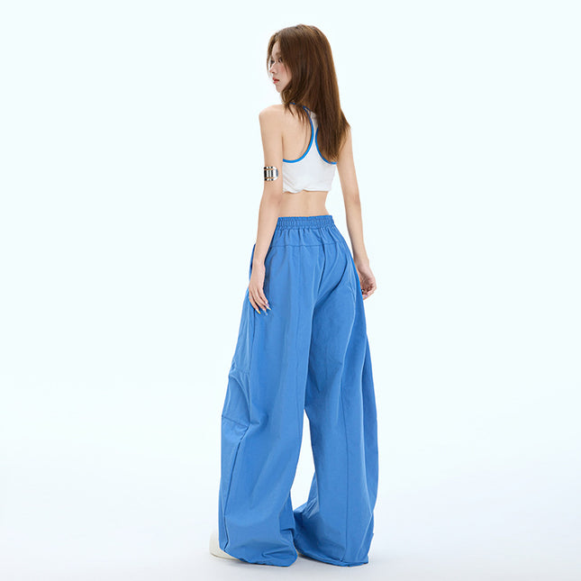 Fashionable Lazy Style Wide-Leg Casual Pants for Women, Summer Thin Design with Spliced Drawstring Elastic Waist, Loose Scimitar Pants