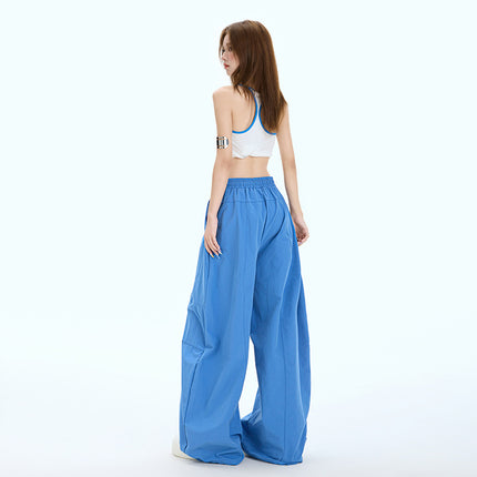 Fashionable Lazy Style Wide-Leg Casual Pants for Women, Summer Thin Design with Spliced Drawstring Elastic Waist, Loose Scimitar Pants