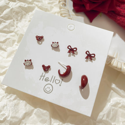 Autumn and Winter Vintage Angora Red Silver Needle Earrings High-end Sense White Exquisite Sweet Elegant All-match Bow Earrings