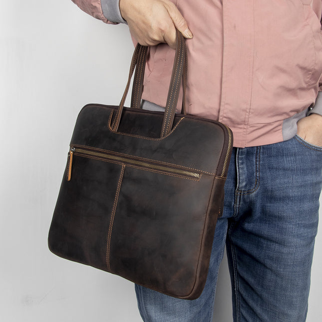Custom Vintage Crazy Horse Leather Top Layer Cowhide Business Briefcase Men's Portable Horizontal Computer Bag Apple Notebook