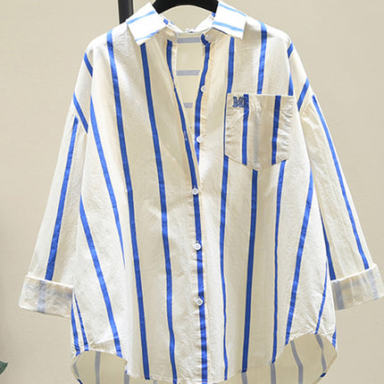 Age-reducing Green Striped Shirt Women's 2025 Spring and Summer New Korean-style Loose Casual Long-sleeved Shirt Sun Shirt Top