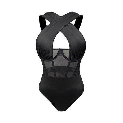 European and American Cross-border Waist Fishbone Wrapping Chest Slim-fit Mesh Stitching Perspective Cross Neck Shaping Sexy Jompsuit for Women