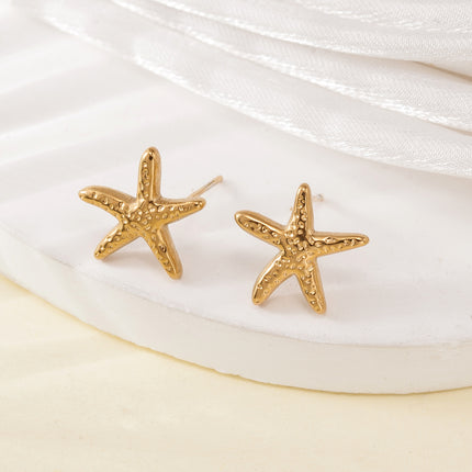 Cross-Border European and American Real Gold Electroplated Titanium Steel Starfish and Turtle Earrings, Non-Allergenic, Fashionable Holiday Style Marine Animal Earrings