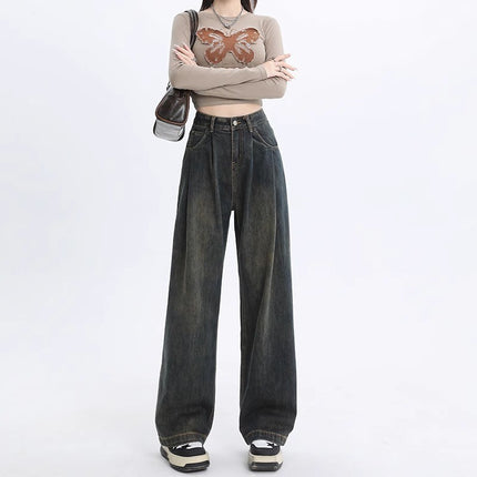 Cement Grey Wide Leg Jeans Women's Spring and Autumn Fashion All-match New High Waist Slimming Pleated Casual Floor Trousers