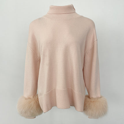 Women's Sweater Amazon Aliexpress Hot-Selling Autumn and Winter New Style Real Fox Fur Cuffs Loose High-Neck Knit Sweater for Women