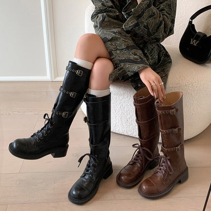 High Boots Autumn 2024 New Women's Boots Thick Heel Mid Heel Knight Boots Vintage Rivet Belt Buckle Boots Women