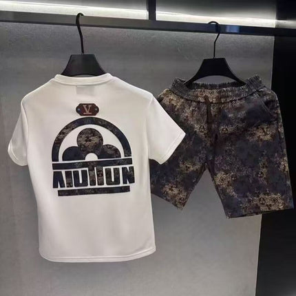 Summer New High-End Trendy European Brand Heavy-Duty Printed Trendy Five-Point Shorts Half-Sleeve Men's Light Luxury T-Shirt Set