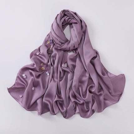 Cross-border New Chinoiserie Lotus Flower Satin Chiffon Long Scarf Handmade Flower Gauze Scarf Women's Bag Headscarf Drop Shipping