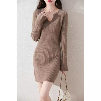 2025 Autumn and Winter V-Neck Women's Drawpack Mid-Length Sweater Slim-Fit Slimming Knitted Western-style Long Wool Dress