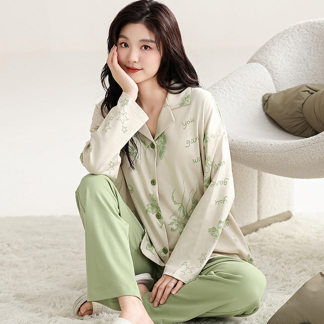 Pure Cotton Pajamas Women's Spring and Autumn Women's Casual Long-sleeved Trousers Home Clothes Women's Autumn Lapel Home suit Green