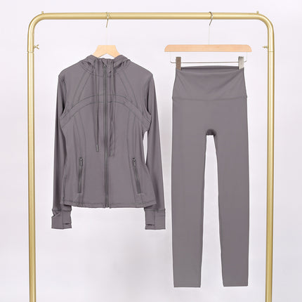 Lulu Df Stamped Hooded Jacket and Cropped Pants Set, Tight-Fitting Stretch Jacket with Gold Zipper, Fitness Yoga Outfit