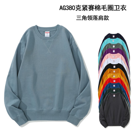 Men's Autumn AG380 g Cotton Heavy Loop Crewneck Men's Sweater Inverted Triangle Solid Color Printed Men's Fashion Brand