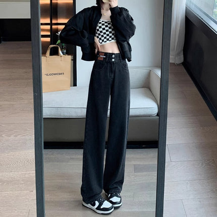 Black Grey fleece-lined Wide Leg Jeans Women's Autumn and Winter Trendy All-match New High Waist Loose Slimming Straight Pants