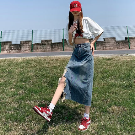 Irregular Raw Edge Denim Skirt for Women in Autum New Pear-shaped Figure High Waist Slimming Look Mid-length A-line Skirt
