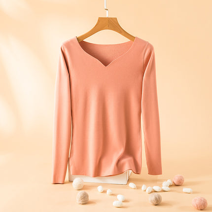 Warm top women's winter love neckline inner brushed fleece-lined thick loose all-match long sleeve seamless bottoming shirt