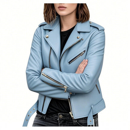 Cross-Border 2026 New European and American Style Motorcycle Leather Jacket, Spring and Autumn Women's Short Slim-Fit Leather Coat