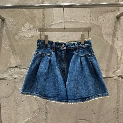 Blue Denim Shorts Women's Summer Lace Pants 2025 New Hot Style High Waist A-Line Wide Leg Hot Pants for Hot Girls