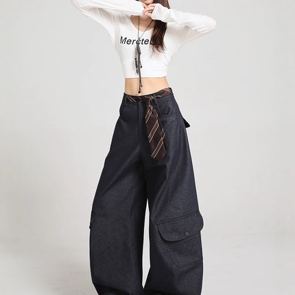 Army Green Silhouette Scimitar Workwear Casual Pants for Women, New Autumn American High Street Loose Drape Wide-Leg Floor-Length Pants