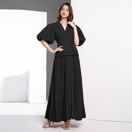 Real shot in stock new deep V-neck lace-up bubble sleeve pleated slim dress