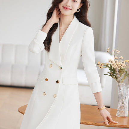 Cross-Border White Suit Dress for Women, High-End Waist-Cinching Double-Breasted Petite Mid-Length High-End Professional Work Dress