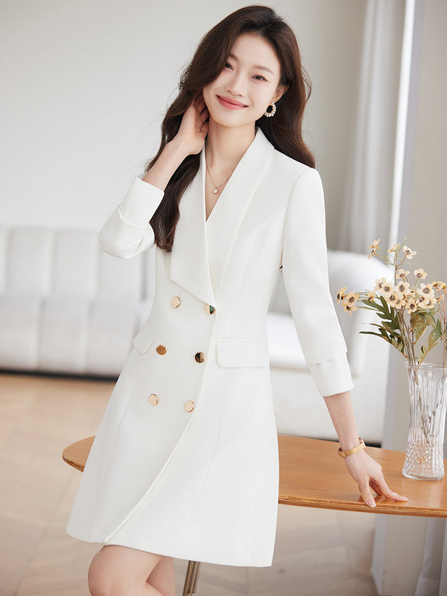 Cross-Border White Suit Dress for Women, High-End Waist-Cinching Double-Breasted Petite Mid-Length High-End Professional Work Dress