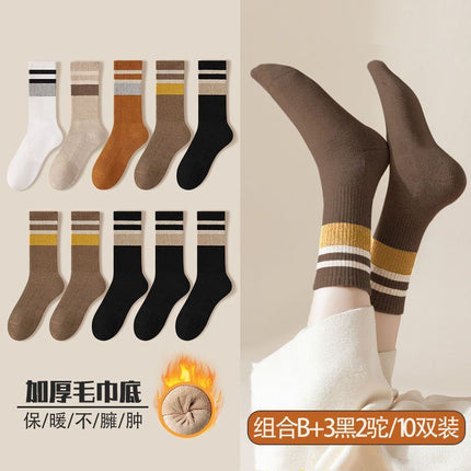 Socks Women's Autumn and Winter Mid-length Socks fleece-lined Thickened Warm terry Towel Bottom Cotton Socks High-tube Fashionable Women's Stockings