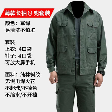 Summer Thin Work Clothes Suit for Men, Cotton-Containing Long and Short Sleeves, Breathable and Wear-Resistant Welding Work Clothes, Military Green Labor Protection Clothes