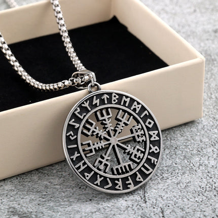 Nordic Retro Stainless Steel Pendant Suitable for Men and Women Viking Double-Sided Compass Necklace