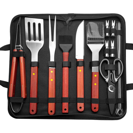 Outdoor camping barbecue tools combination stainless steel grill suit wooden handle fork shovel clip BBQ accessories cloth bag