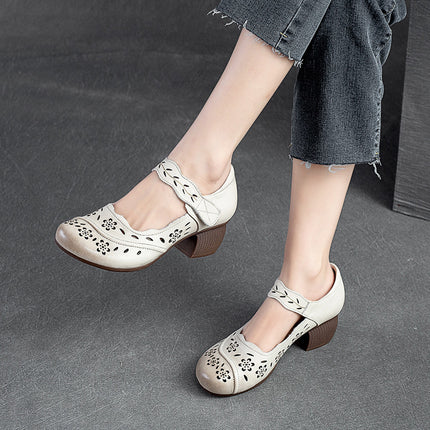 Shanghai Jie suddenly new first layer cowhide round toe brushed Velcro small low heel hole shoes retro style casual women's shoes