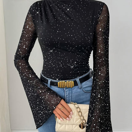 2025 New Cross-Border European and American Mesh Decorative Sequin Black Long-Sleeved Top T-Shirt