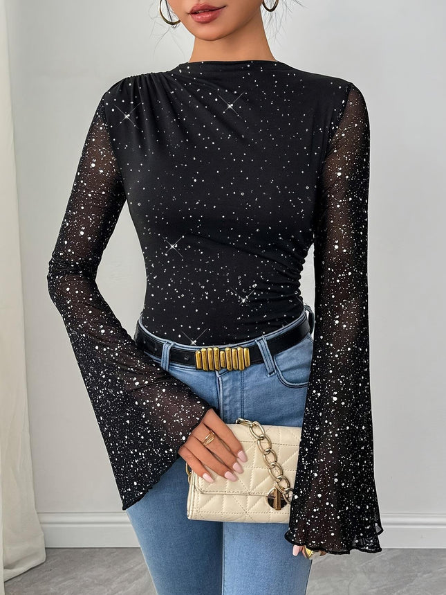 2025 New Cross-Border European and American Mesh Decorative Sequin Black Long-Sleeved Top T-Shirt