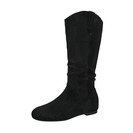 Retro Boots for Women 2025 Autumn New Round Toe Pleated Pile Boots with Increased Soft Sole Suede Over-The-Knee Boots