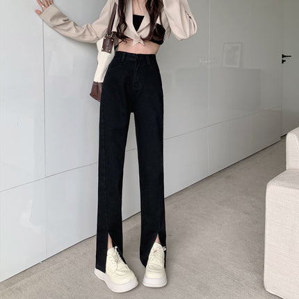 Spring New High Waist Split Jeans Women's Wide Leg Loose Large Size Slimming Straight Dipped Split Floor Trousers