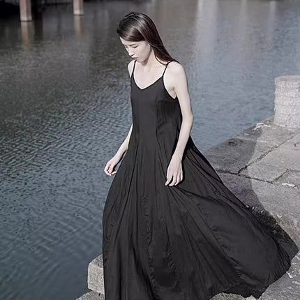 25 Summer Self-Made Long Cotton Dress with Large Hem and Double-Layered Leaf-Patterned Splicing, Two-Color Pure Cotton Strap Dress