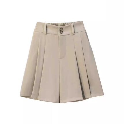 2025 Black Five-Point Suit Shorts for Women, New Autumn High-Waisted A-Line Casual Pleated Wide-Leg Shorts for Outerwear