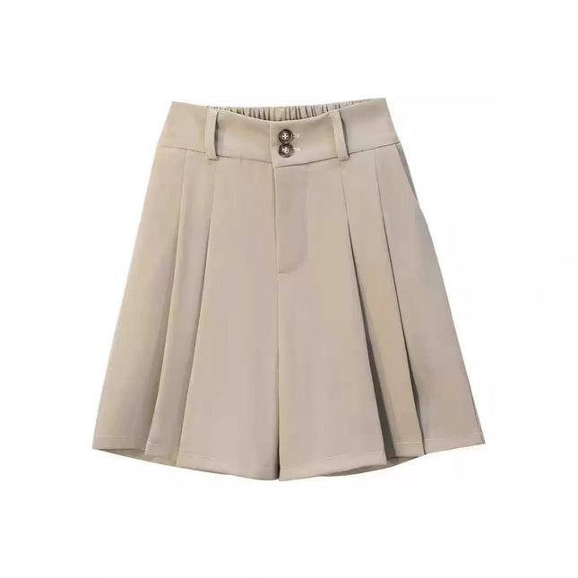 2025 Black Five-Point Suit Shorts for Women, New Autumn High-Waisted A-Line Casual Pleated Wide-Leg Shorts for Outerwear