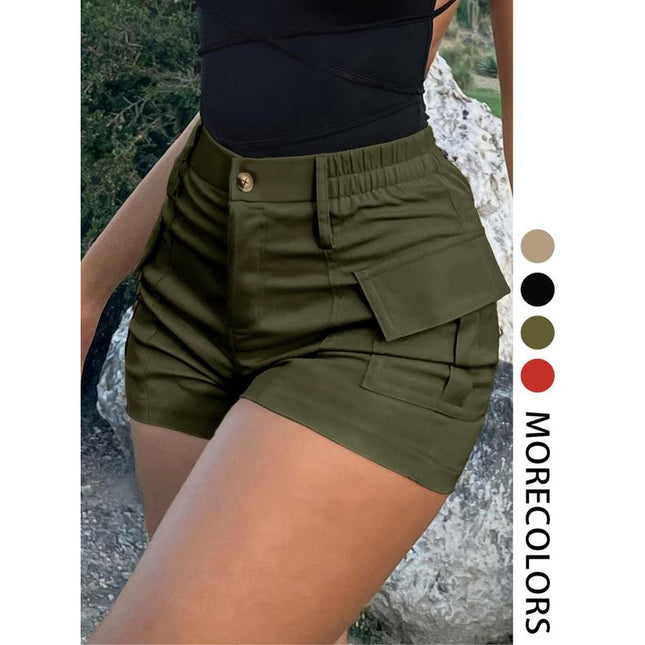 2025 New Cross-Border Export Shorts Women's Pure Color Flip Pocket Casual Shorts