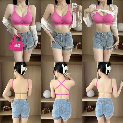 Summer Outer Expansion U-Shaped Back Bra for Women Without Rims, Sexy Shoulder Straps, Cross Halter Style, Jelly Peach Soft Support
